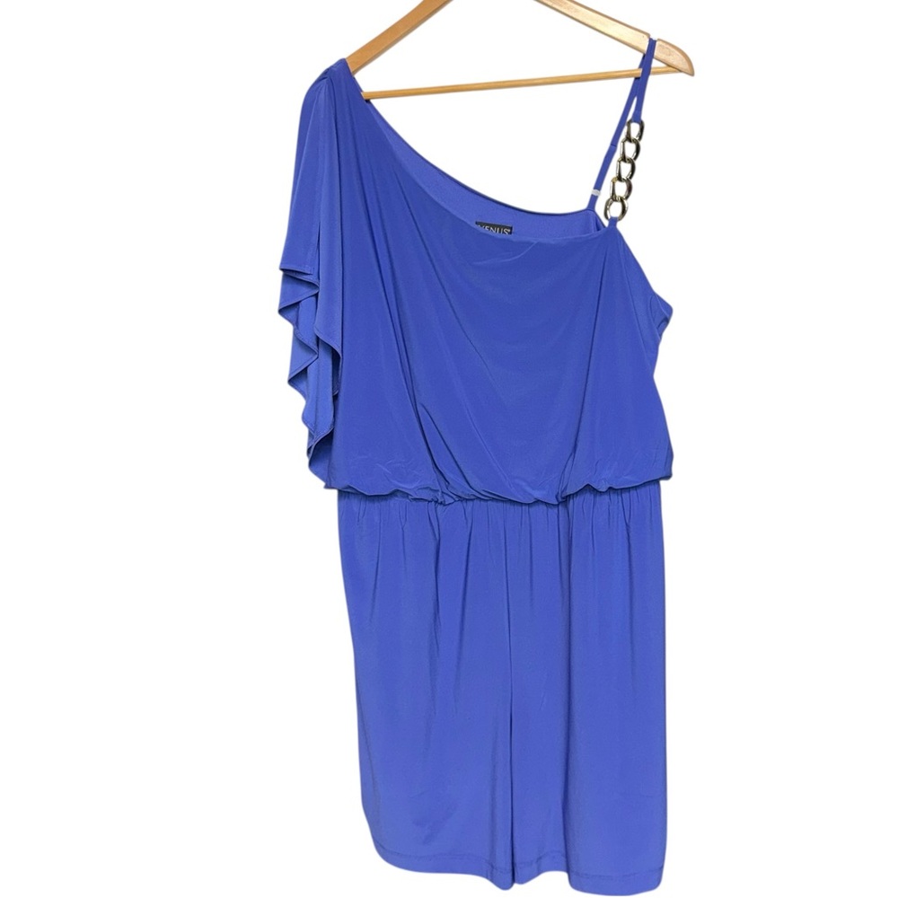 VENUS One-Shoulder Electric Blue Romper with Chain Strap